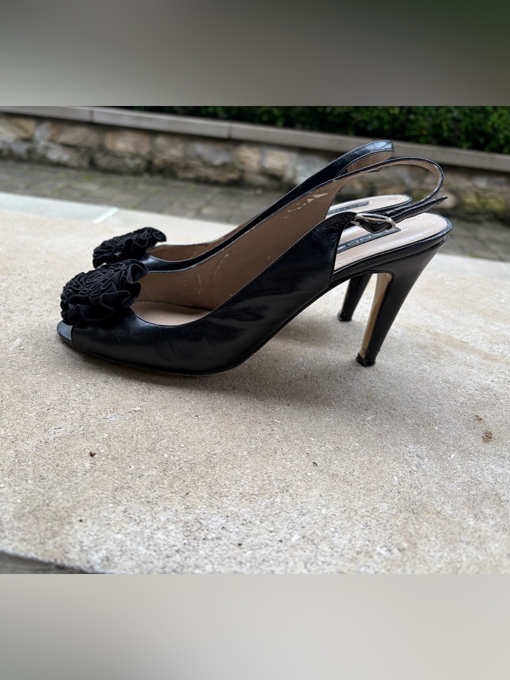Black Slingback Peep-Toe Heels with Rosette Flower